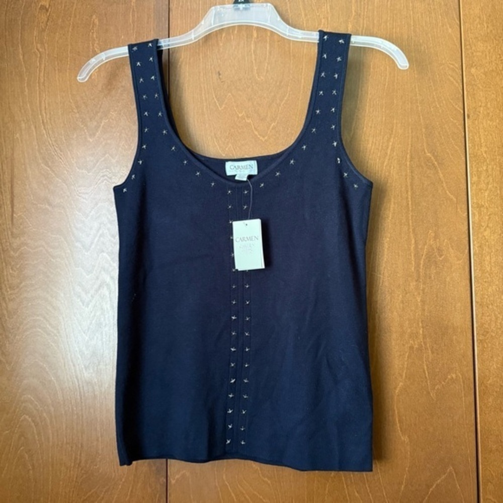 Carmen Marc Valvo NWT Women's Navy Star Studded Knit Tank XL Ret $58